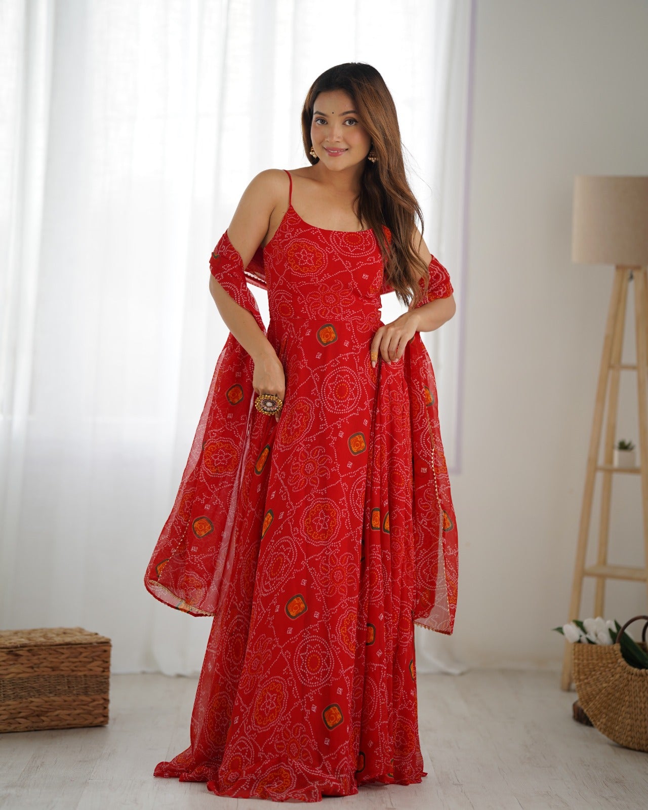 Red Rubrik Stylish Pure Soft Light Weight Chiffon Bandhej