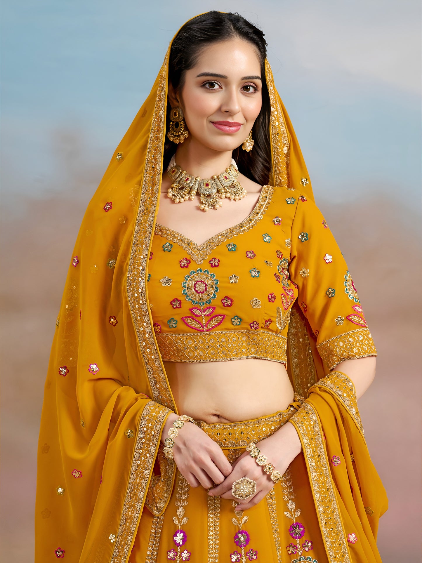 Sunlit Mustard Floral Embroidered Lehenga
