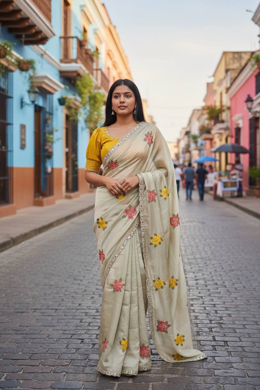 Premium Floral Embroidery Real Mirror Work Party Pastal Saree