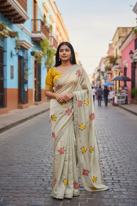 Premium Floral Embroidery Real Mirror Work Party Pastal Saree