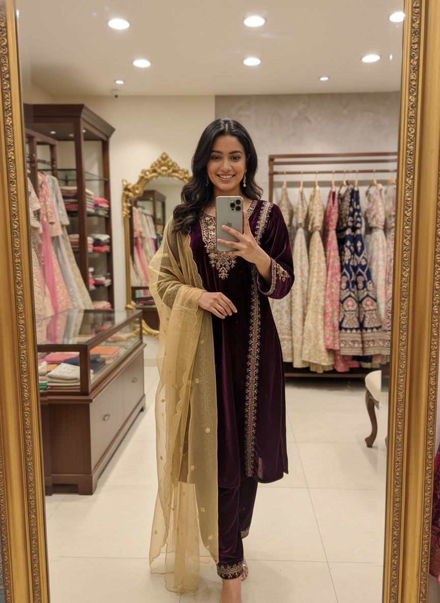 Warm Evenings Pure Velvet Designed Ready To Wear Suit Outfit