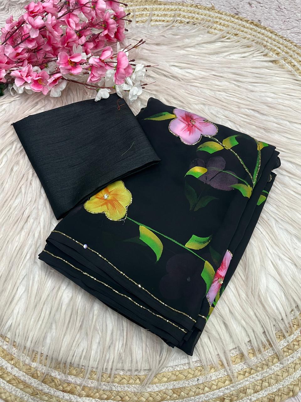 Hand Painted Black Floral Saree