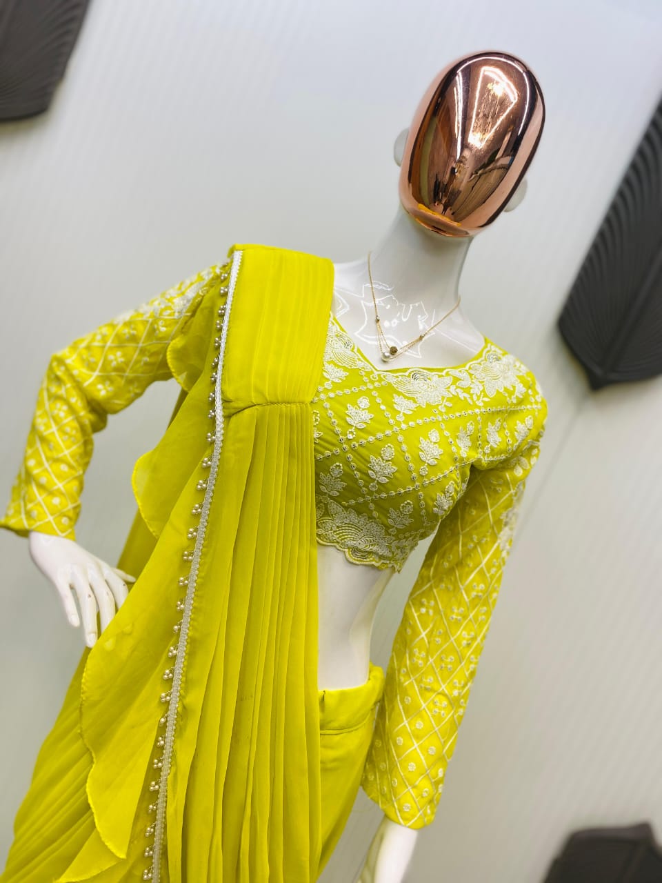 LEMON YELLOW RUFFLE READY TO WEAR SAREE
