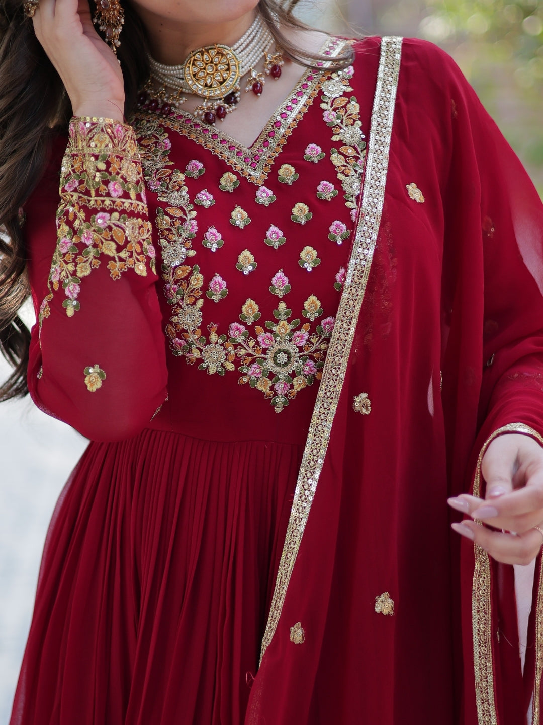 Maroon Georgette Premium Designer Gown Dupatta Set