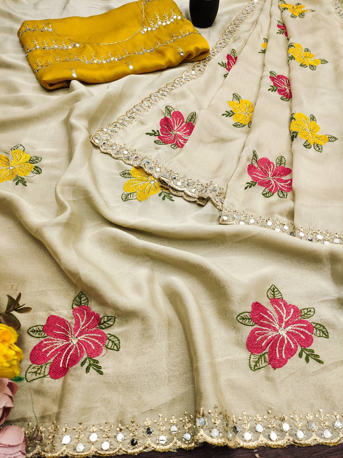 Premium Floral Embroidery Real Mirror Work Party Pastal Saree