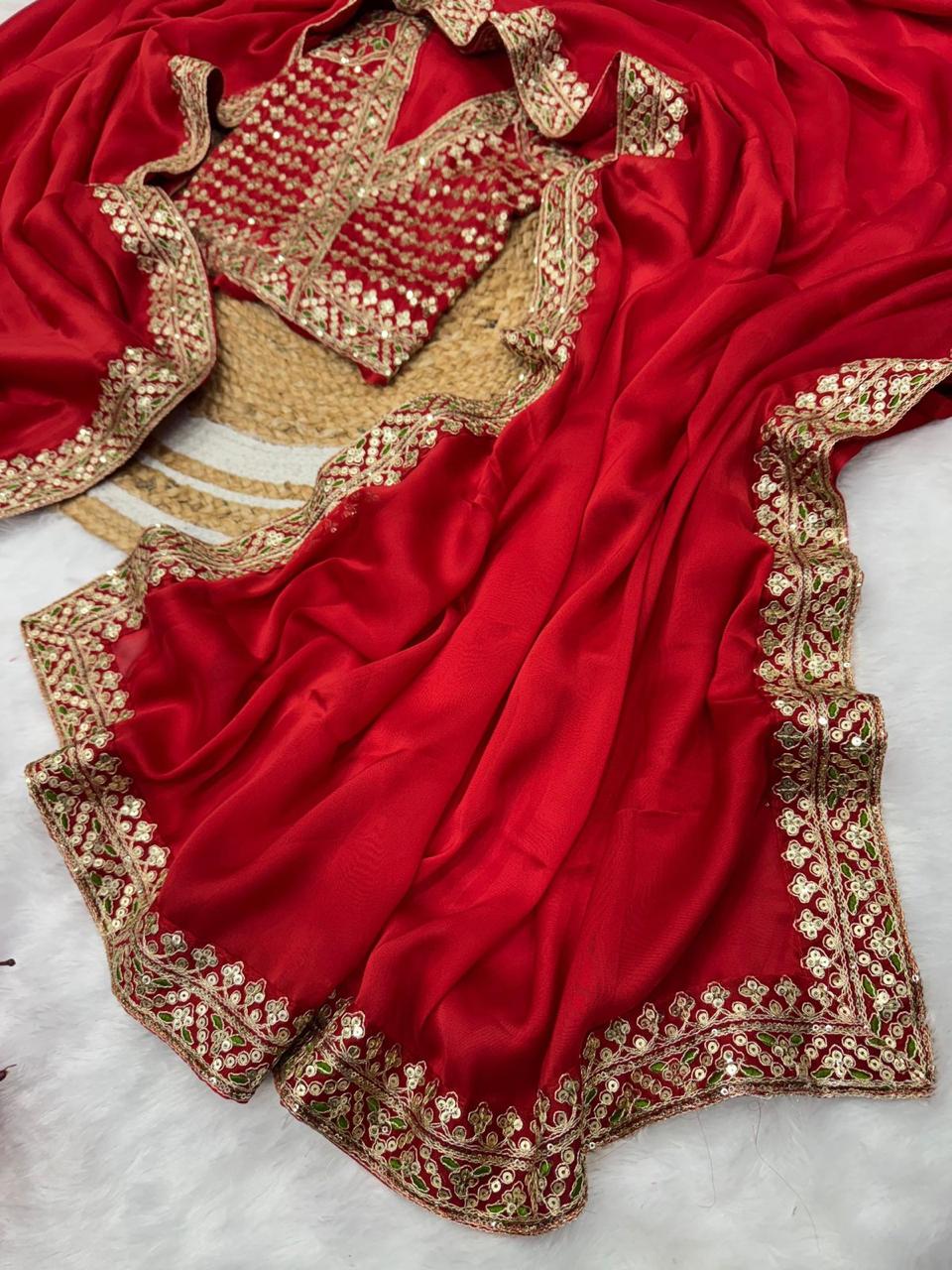 Impressive Red Sequins Premium Eye Catching Saree
