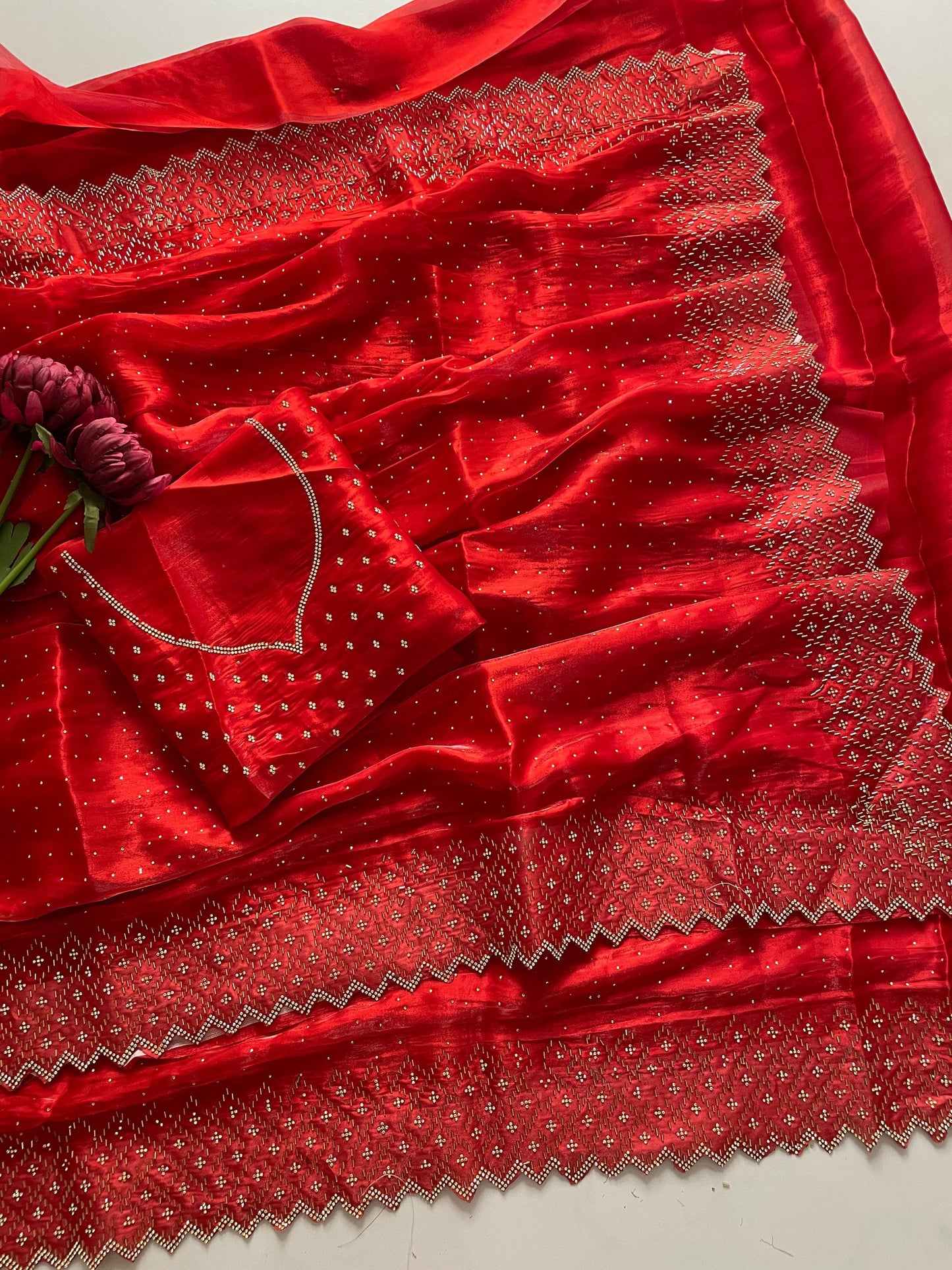 Bollywood Bling Red Premium Silk Zarkhan Diamond Work Saree
