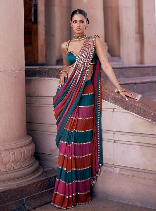 Mirror Work Bling Elegant Party Striped Saree