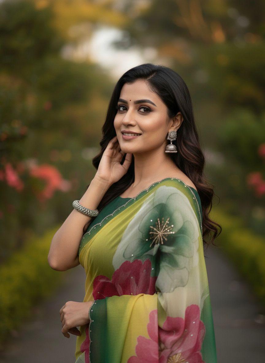 Floral Green Premium Organza Saree
