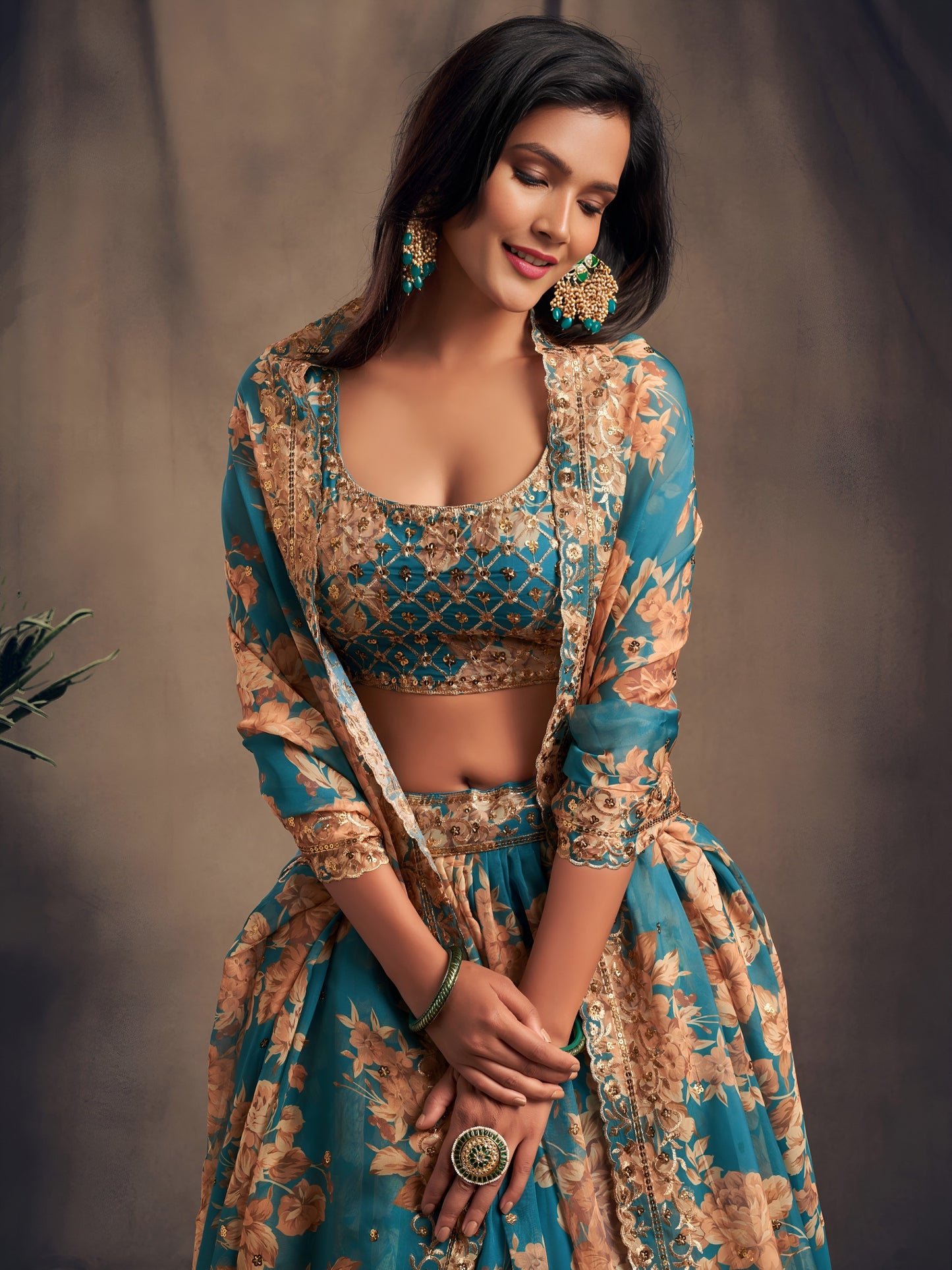 Teal Blue Floral Designer Lehanga Set