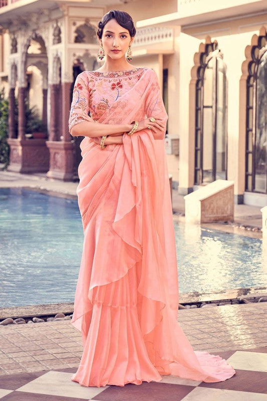 Peach Pink Organza Thread Zari Sequins Worked Saree