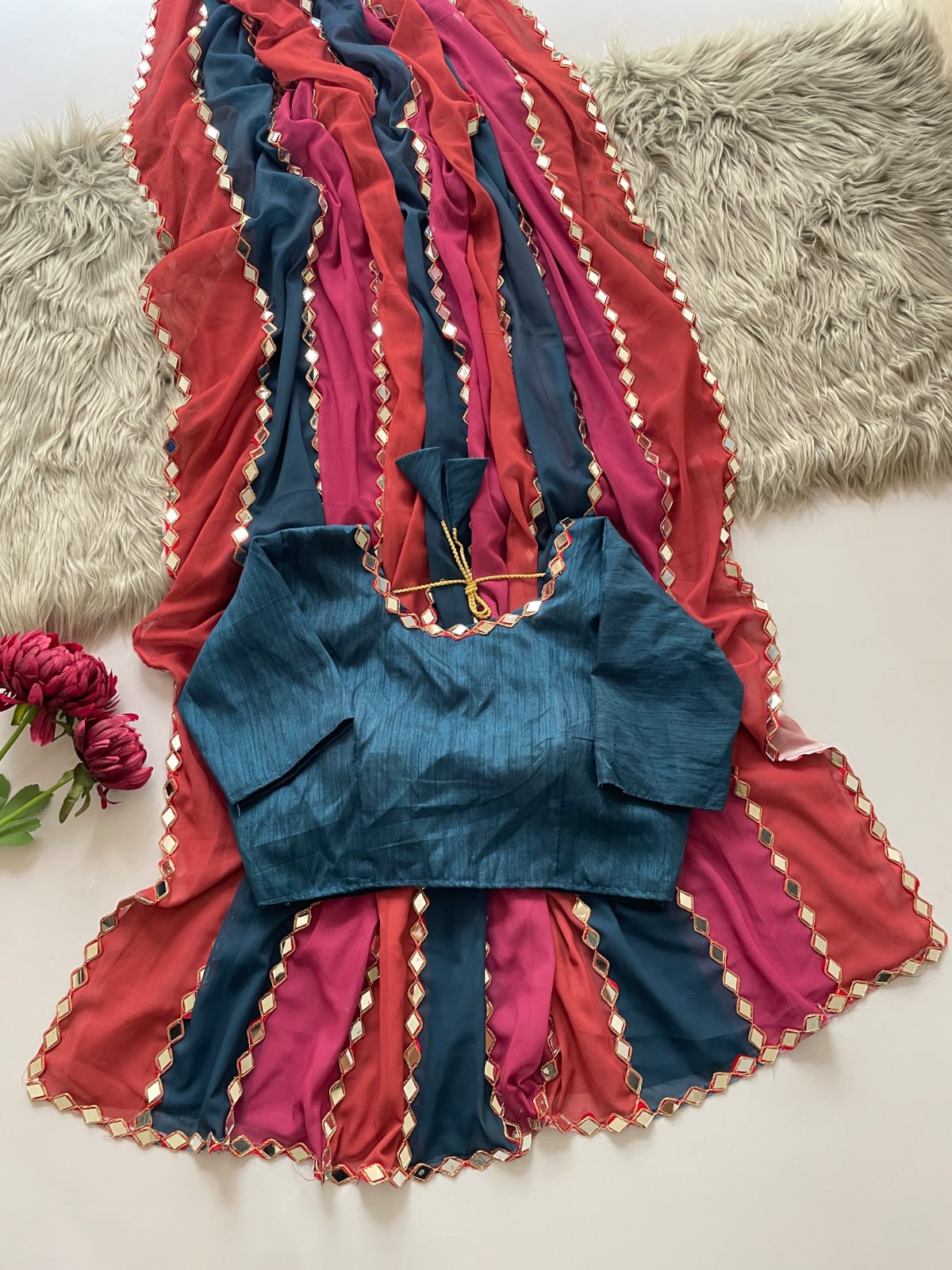 Mirror Work Bling Elegant Party Striped Saree