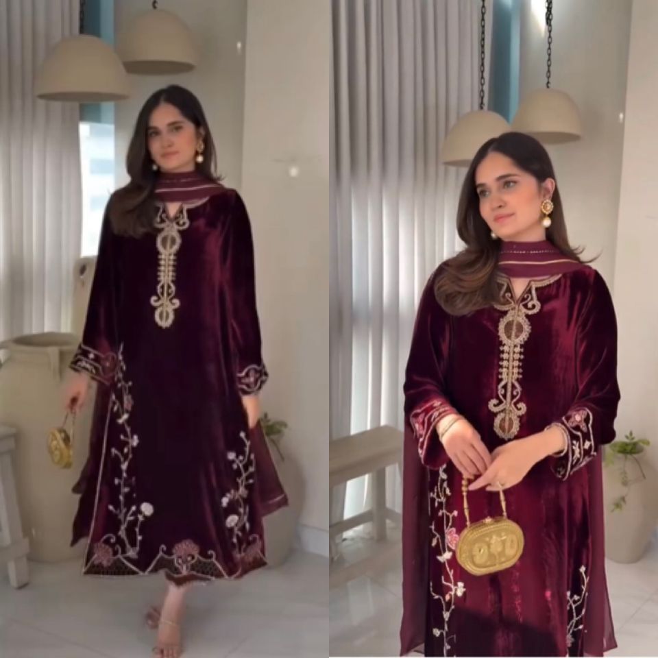 Maroon Velvet Awesome Ready To Wear Suit Set