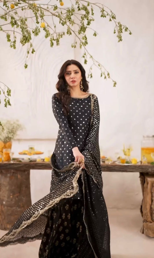 Bling Black Party Wear Top Plazo Suit Set