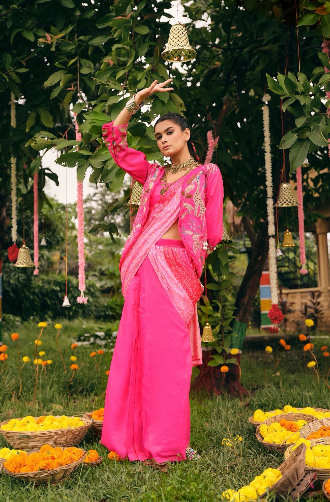 Indo Western Style Jacket Koti Drape Saree Set