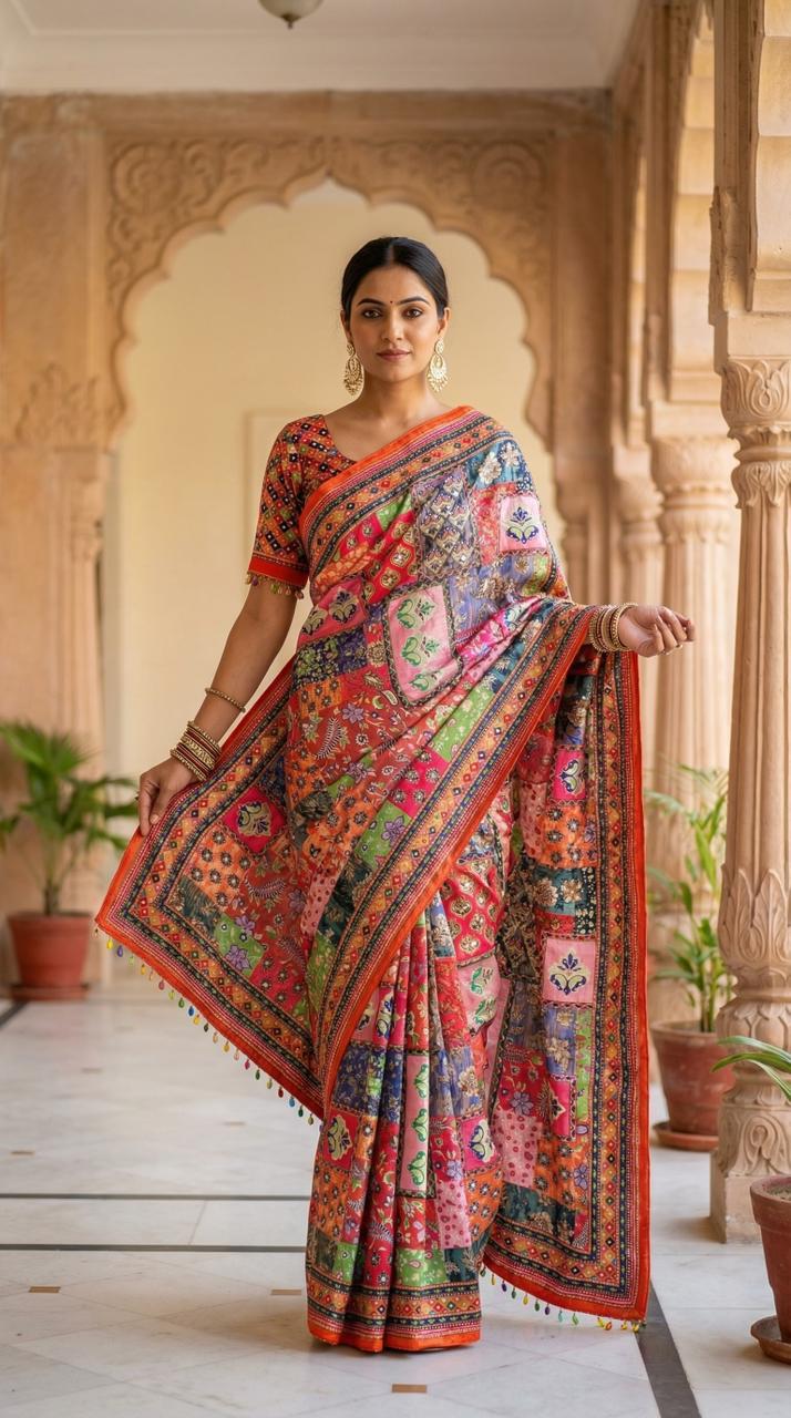 AJARAKH PREMIUM ROMAN SILK SAREE