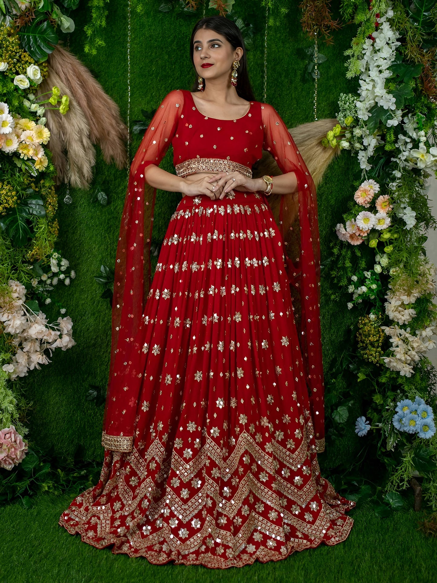 Red Sequins Embroidered Lehenga with Designer Blouse & Net Dupatta