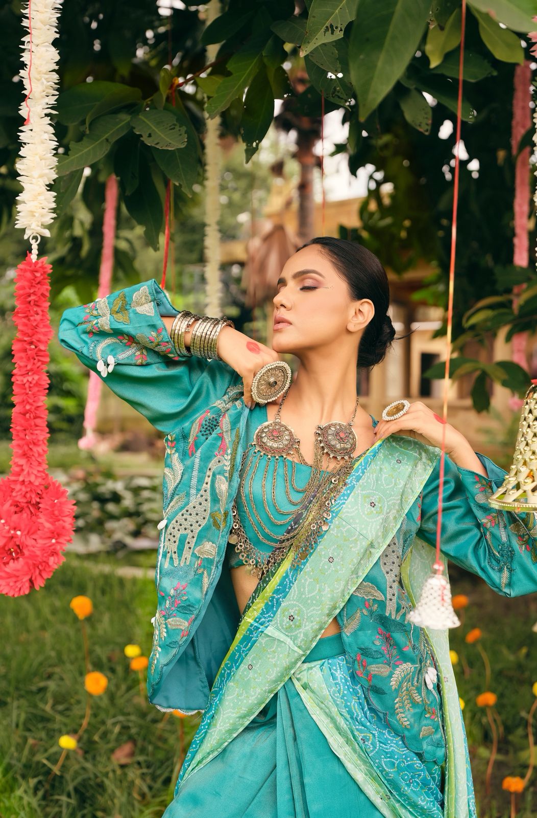 Indo Western Style Jacket Koti Drape Saree Set