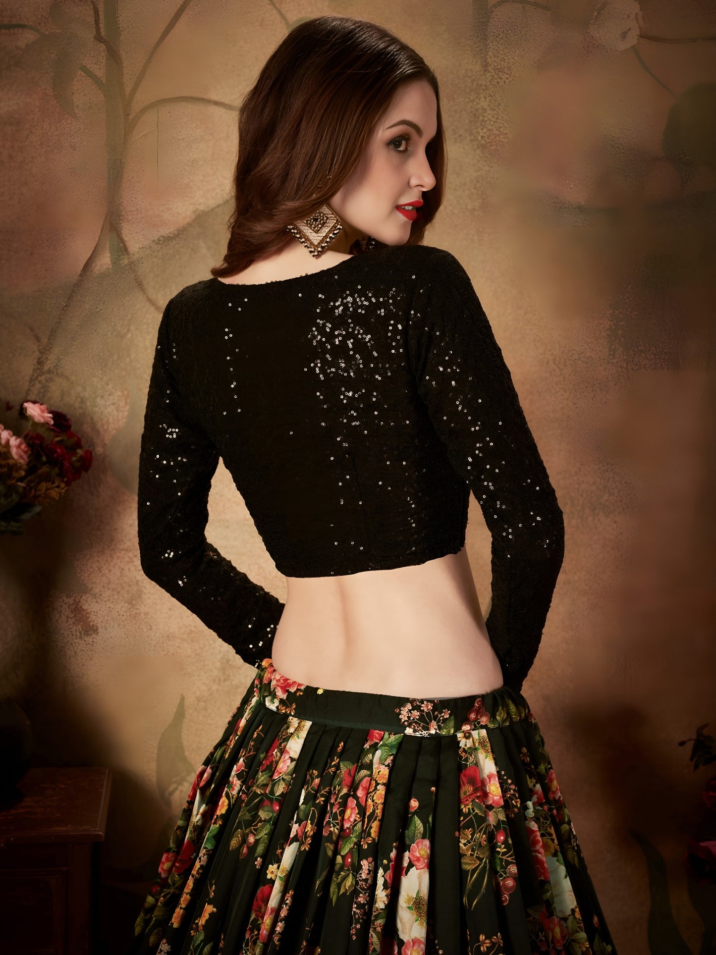Organza Black Floral Party Lehanga