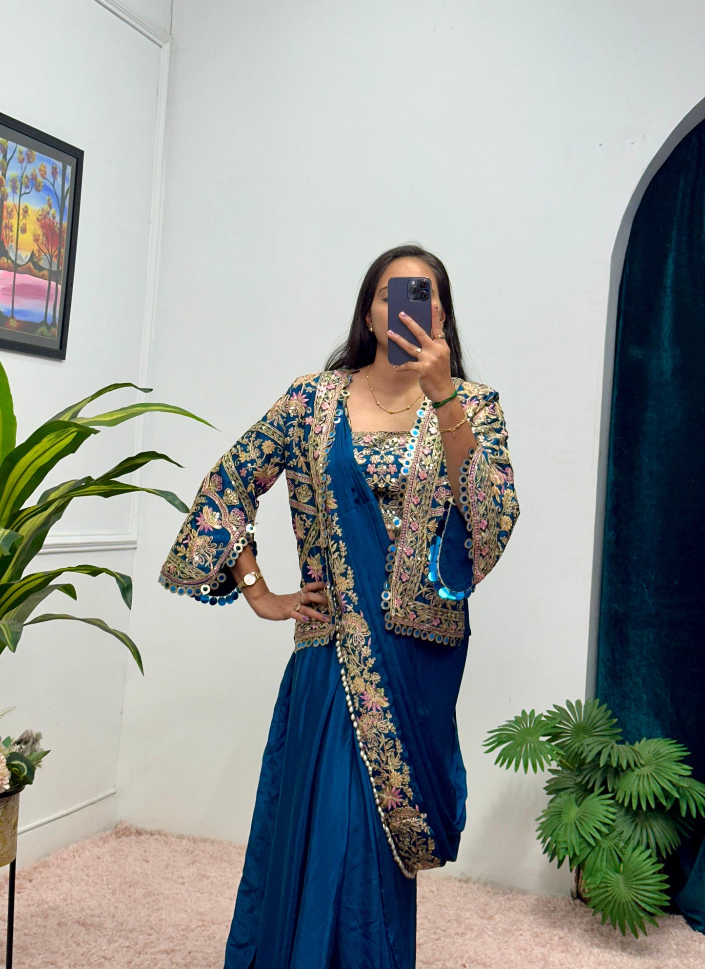 Indo Western Pre Draped Ready To Wear Jacket Koti Style Saree