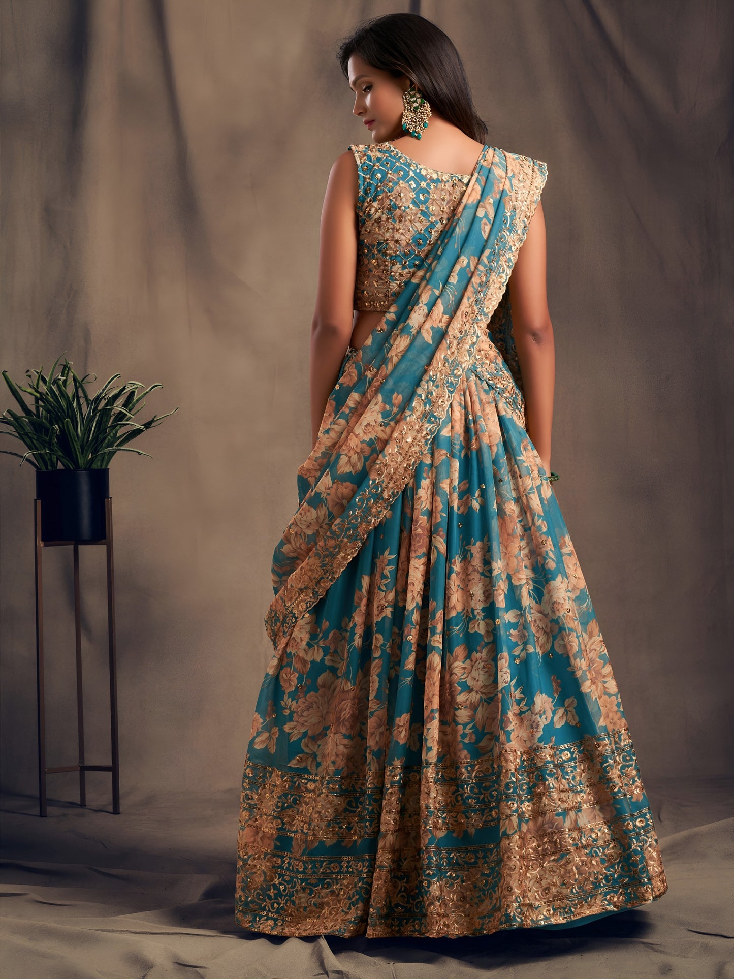 Teal Blue Floral Designer Lehanga Set