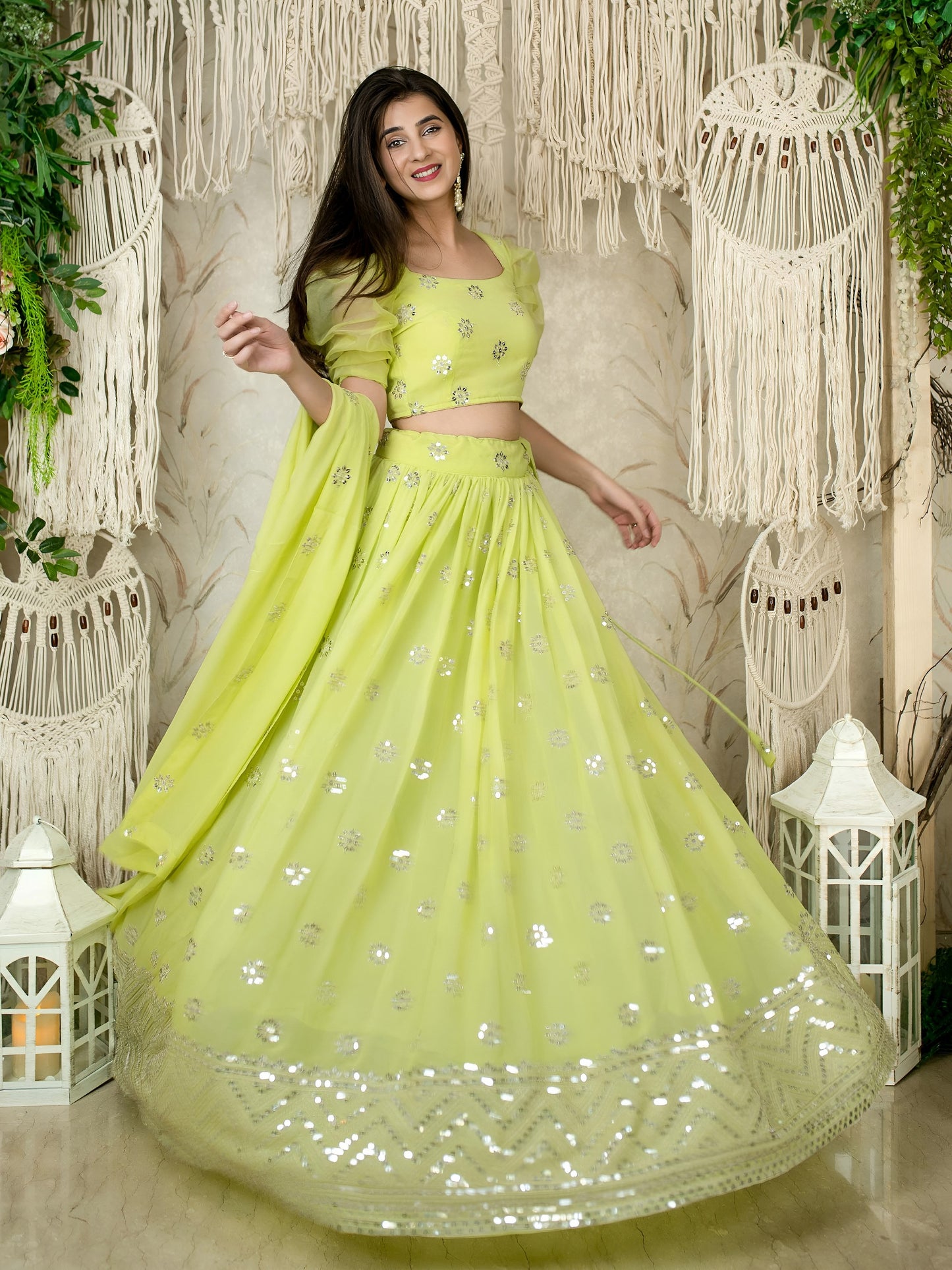 Lime Green Sequins Embroidered Lehenga