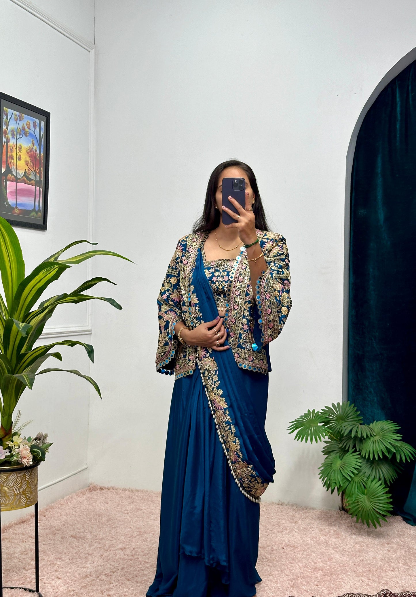 Indo Western Pre Draped Ready To Wear Jacket Koti Style Saree