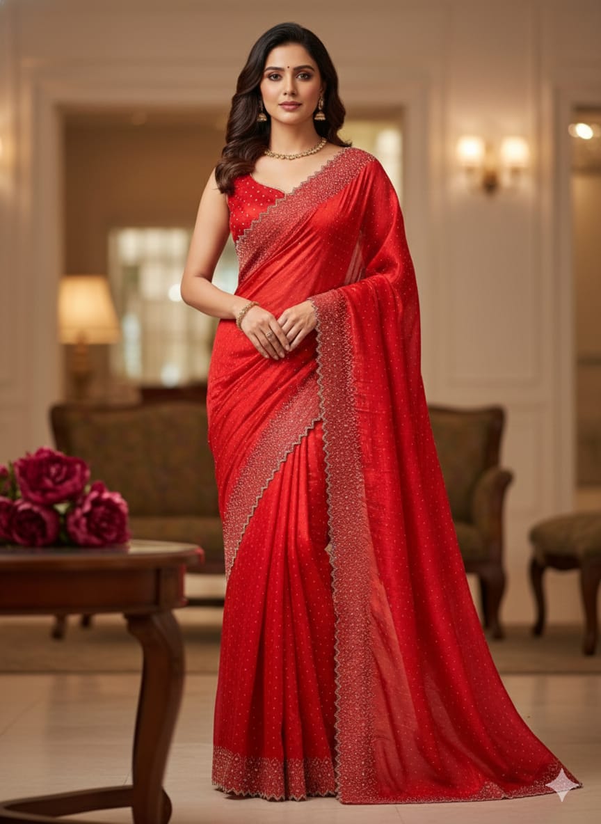 Bollywood Bling Red Premium Silk Zarkhan Diamond Work Saree