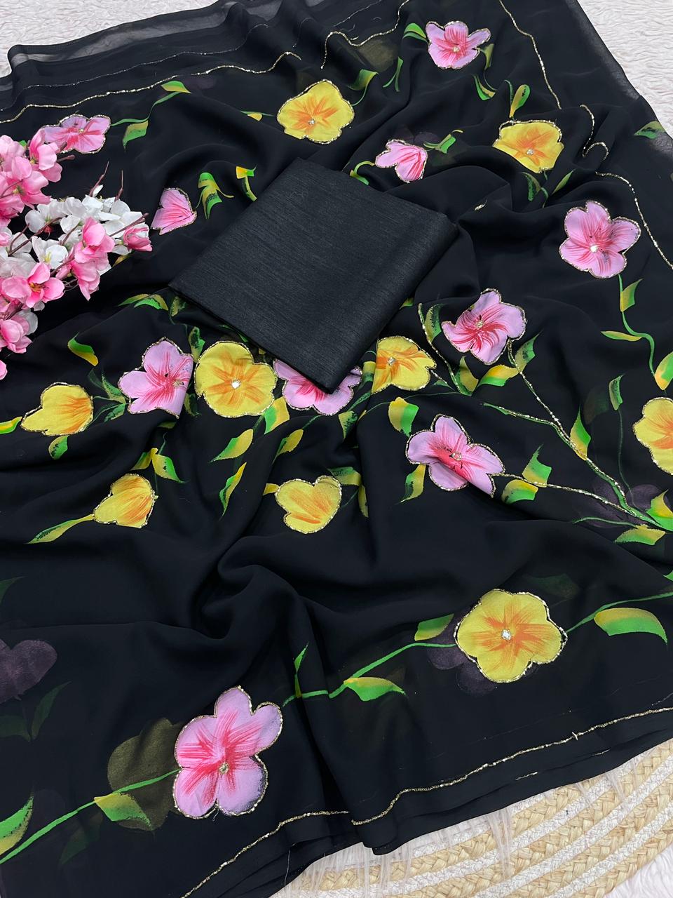 Hand Painted Black Floral Saree