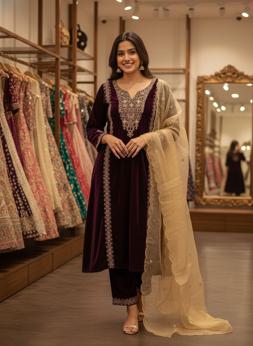 Warm Evenings Pure Velvet Designed Ready To Wear Suit Outfit