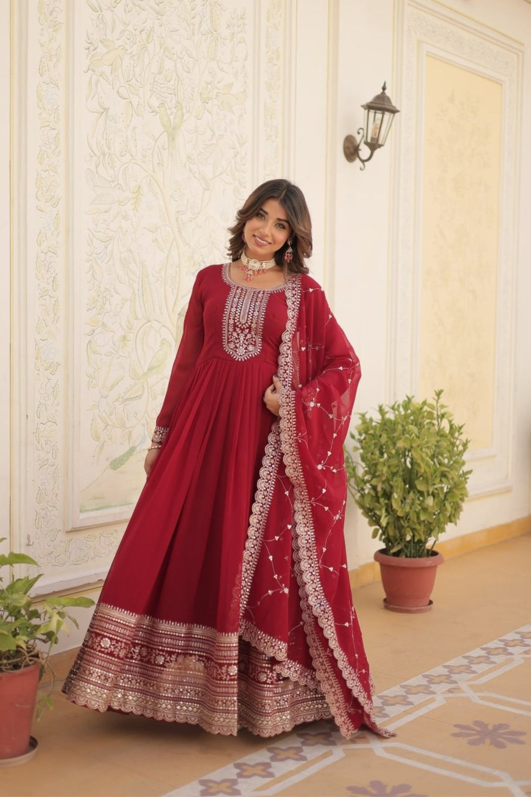 Maroon Premium Designer Gown Dupatta Set