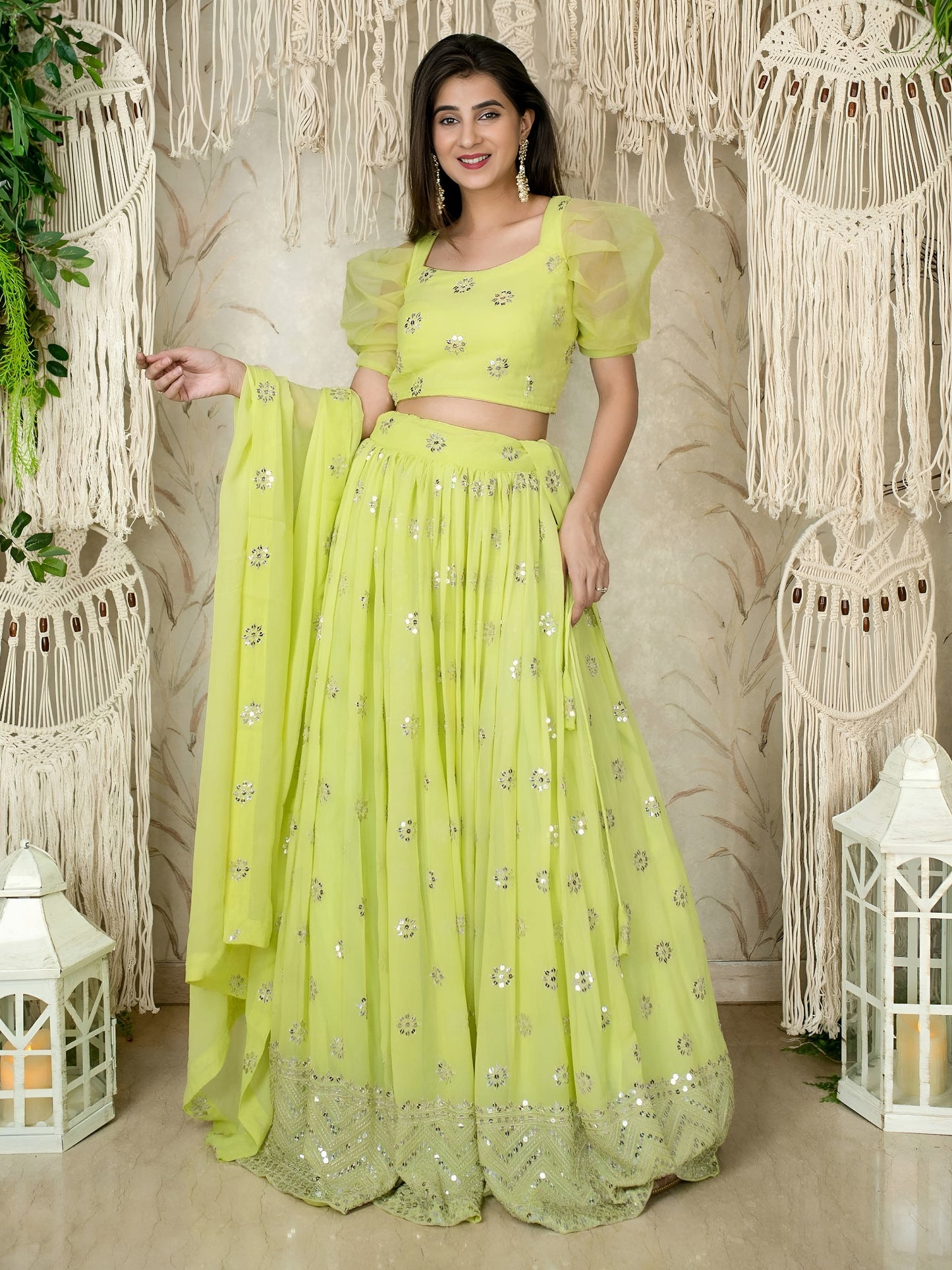 Lime Green Sequins Embroidered Lehenga