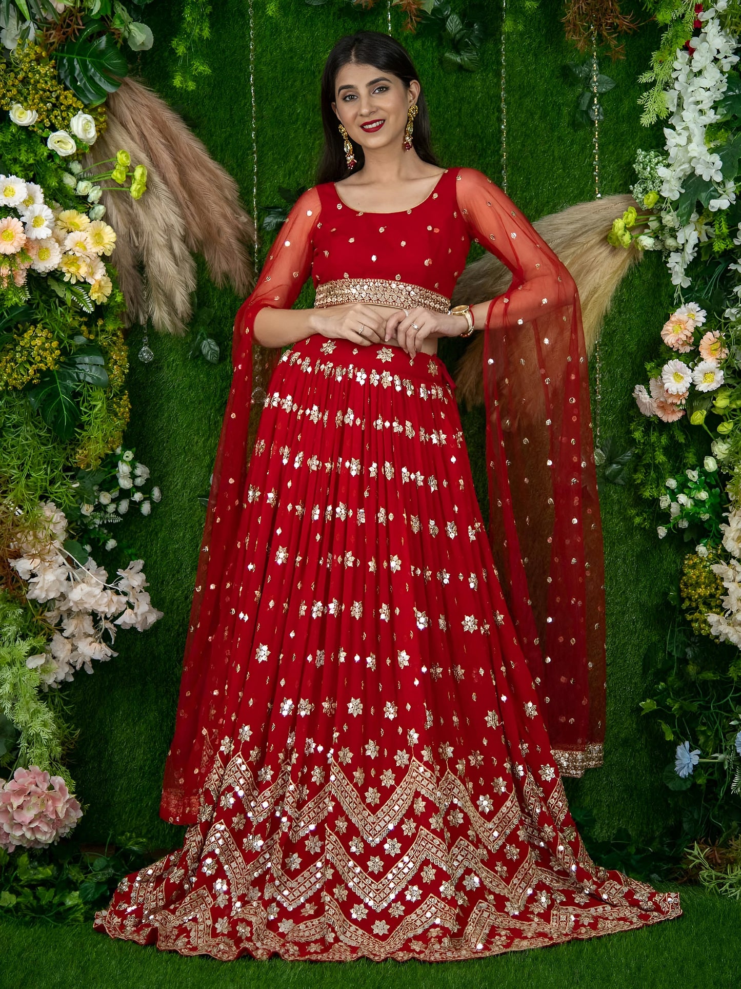 Red Sequins Embroidered Lehenga with Designer Blouse & Net Dupatta