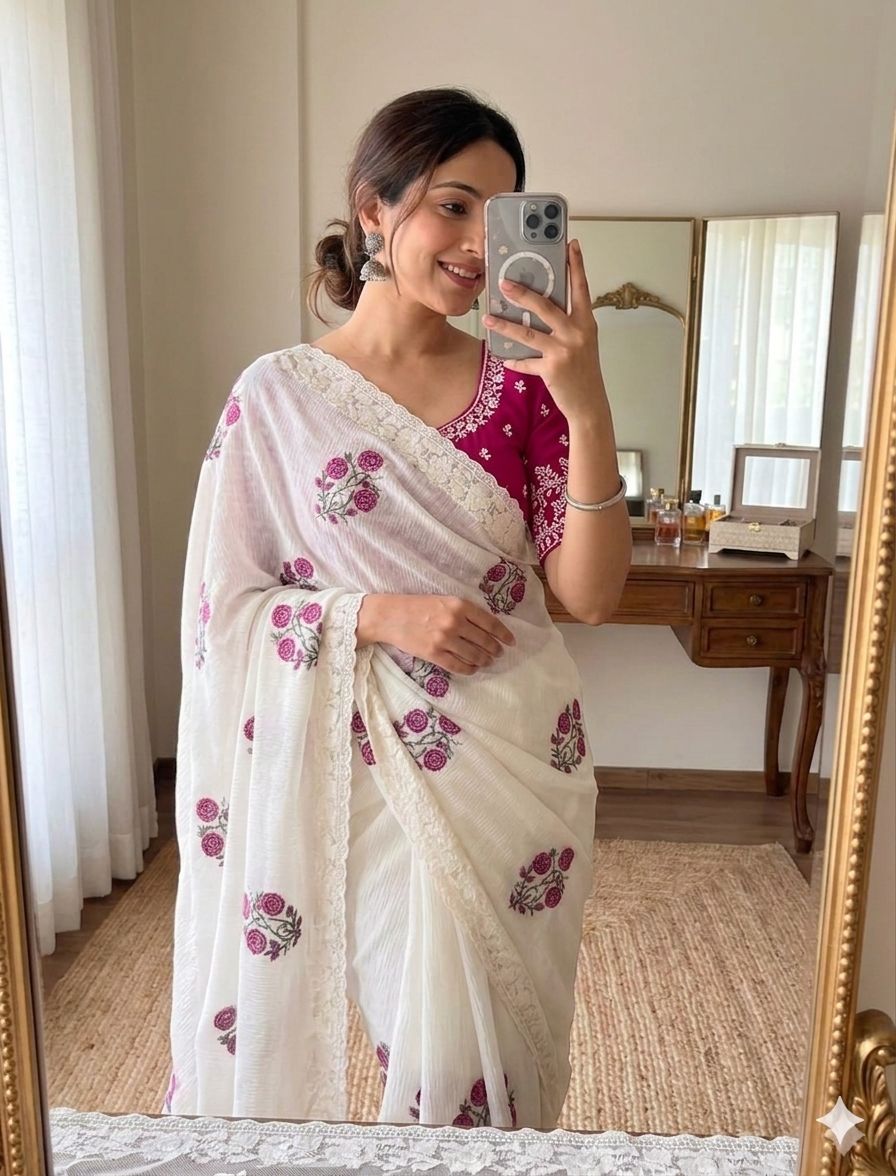 White Embellished Star ⭐ Georgette Premium Saree