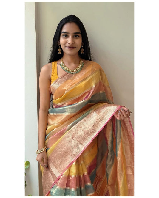 Pure Banarsi Tissue crush Multi Colors weaves shades and Heavy Tussles Saree