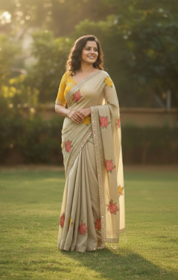 Premium Floral Embroidery Real Mirror Work Party Pastal Saree
