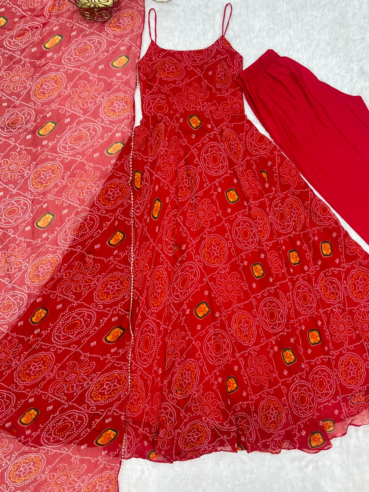 Red Rubrik Stylish Pure Soft Light Weight Chiffon Bandhej