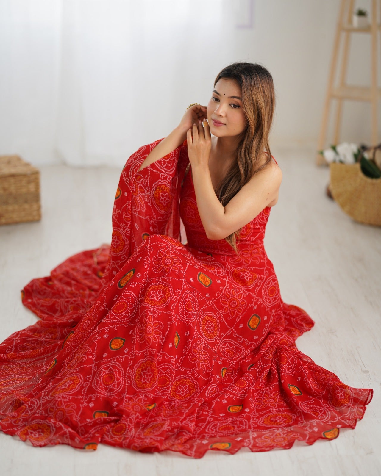 Red Rubrik Stylish Pure Soft Light Weight Chiffon Bandhej