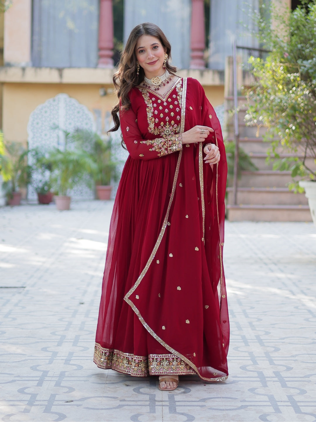 Maroon Georgette Premium Designer Gown Dupatta Set