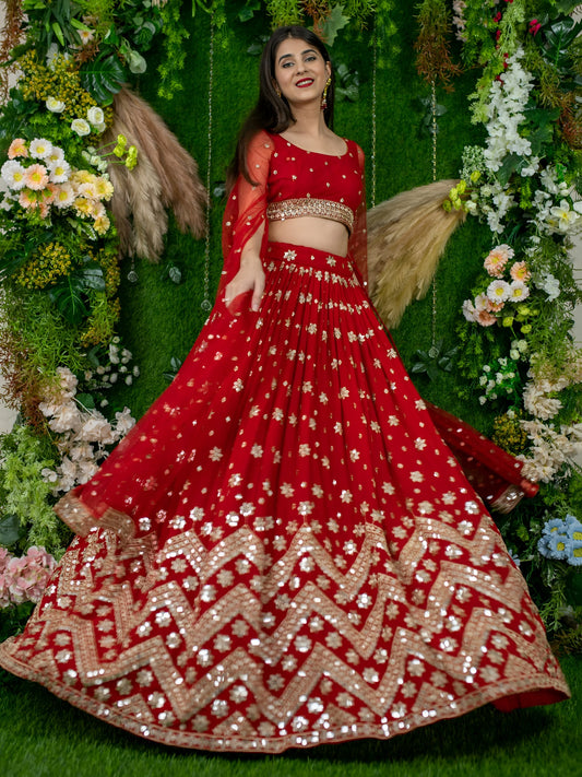 Red Sequins Embroidered Lehenga with Designer Blouse & Net Dupatta