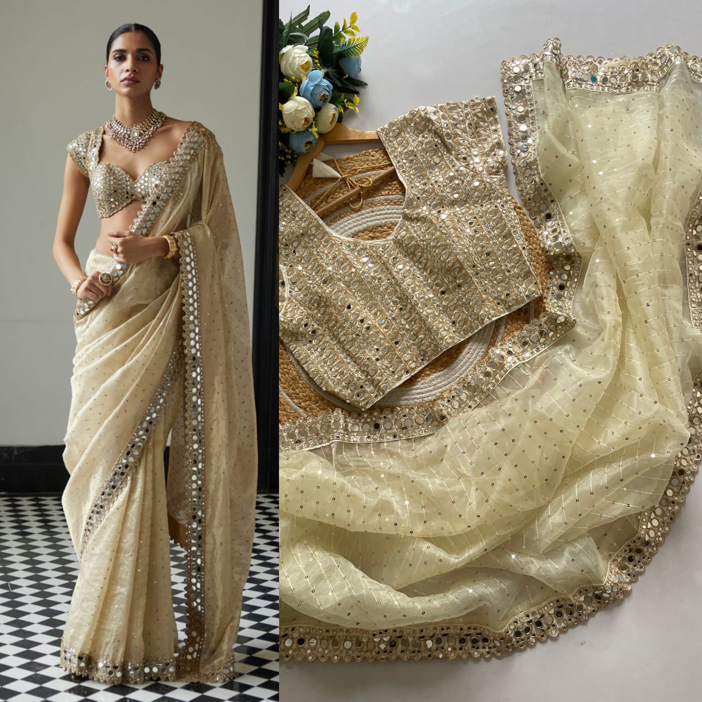 Mirror Work Premium Organza Saree with stiched blouse