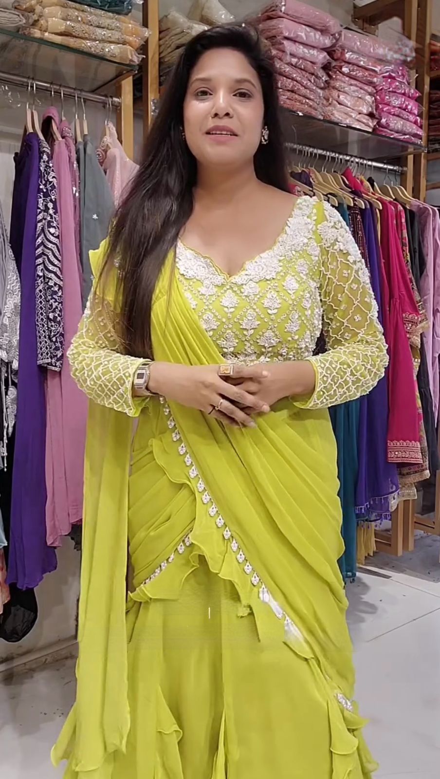 LEMON YELLOW RUFFLE READY TO WEAR SAREE