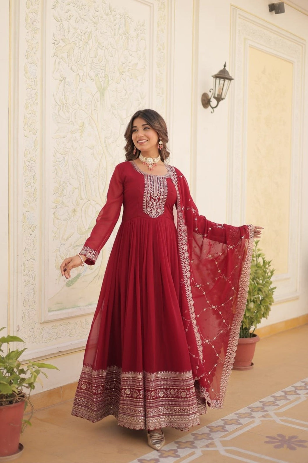Maroon Premium Designer Gown Dupatta Set