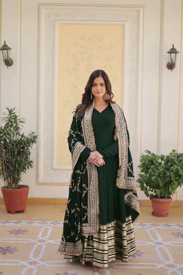GREEN SEQUINS WORK CELEBRATION DAY PREMIUM GOWN